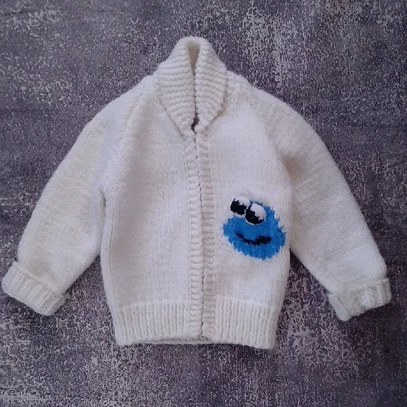 Vintage 70s Cookie Monster Cowichan Wool Jacket Googlie Eyes Handmade - Picture 2 of 8